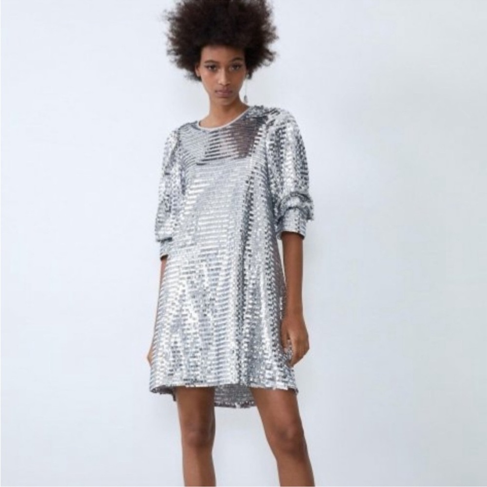 Zara NWT Metallic Sequin Silver Mini Dress With Puffer Sleeves Size XS